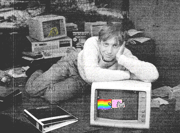 young bill gates lying down surrounded by computers with animated gifs on screen