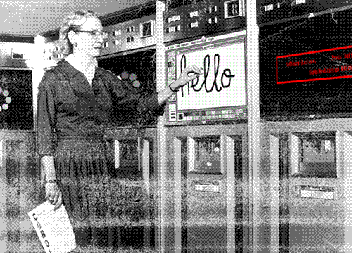 grace hopper drawing with mac paint on an old, giant computer