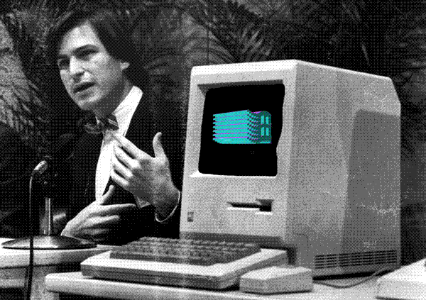 animated gif of steve jobs and a macintosh with a windows logo spinning on the screen