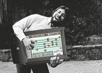 collage with steve wozniak holding giant Newton with mario point on screen